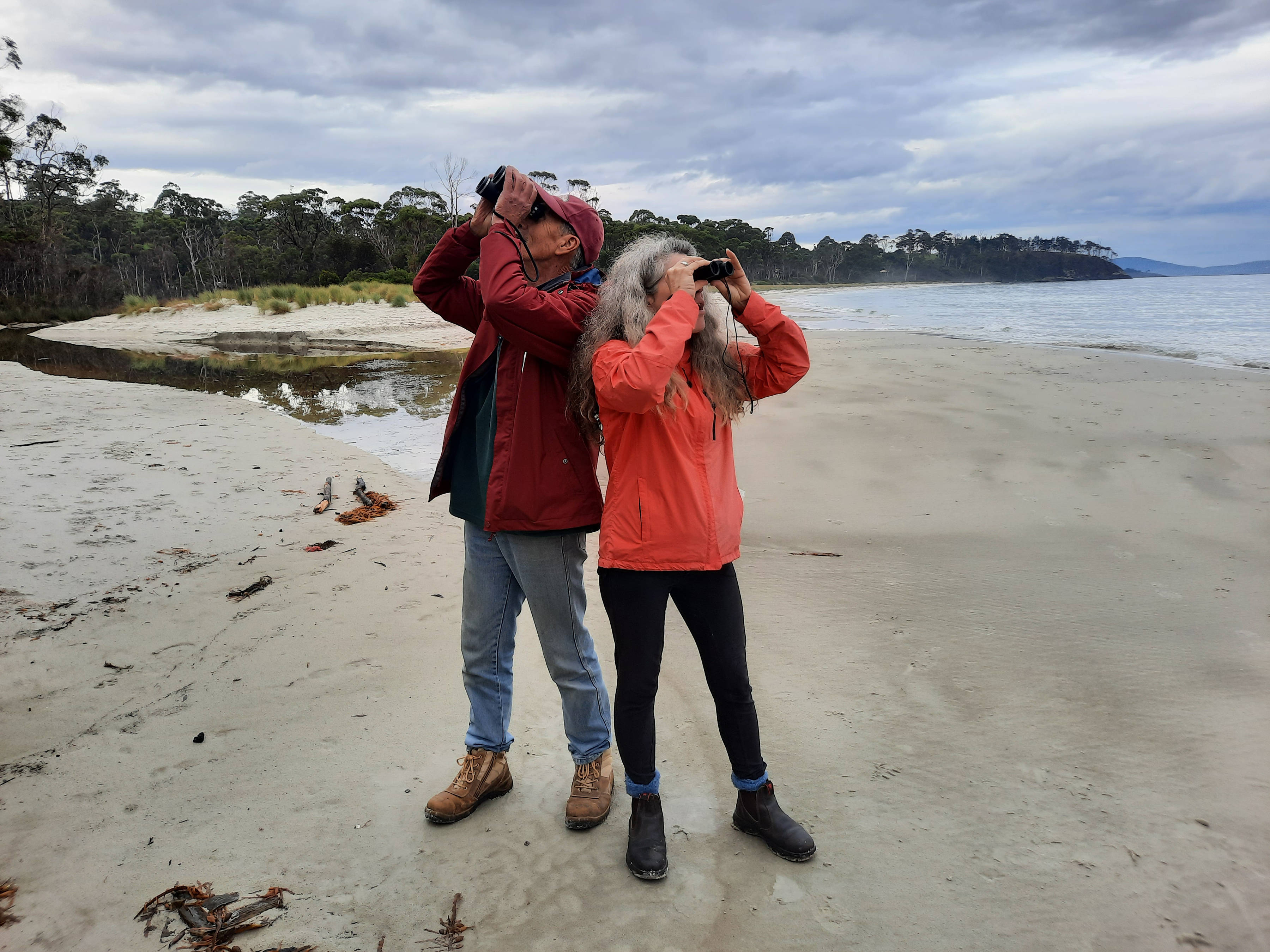 Two intrepid supporters, Andrew Weir and Linda Halloran, scanning the skies with binoculars looking for a wedge tailed eagle.They are wearing red tops and outdoor hiking clothes, standing back to back on Roaring Beach, Tasmania with binoculars to their eyes looking up in opposite directions. Photo: Arthur Clarke.